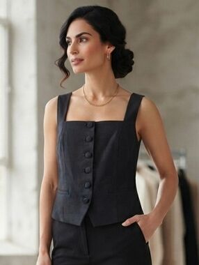 Autres Filles Tailored Square-Neck Black Button-Front Vest Size XL